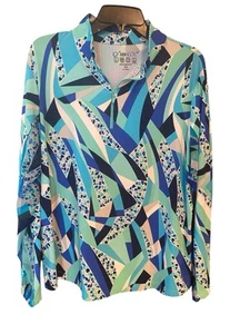 Top Ibkul Talla 2XL Azul Turquesa Estampado Geométrico Protección Solar UV Manga Larga - Imagen 1 de 7
