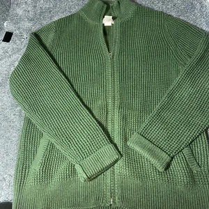 LL Bean Sweater Mens Green Medium Organic Cotton Waffle Knit Cardigan Full Zip - Picture 1 of 7