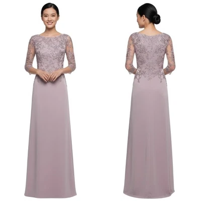 La Femme Light Mauve Jersey Gown Lace Bodice Boat Neck Long Dress Size 12 NWT - Image 1 of 4