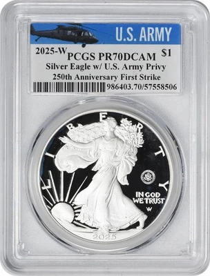 2025-W American Silver Eagle Army Privy 250th Anniv PR70DCAM FS PCGS Army Label - Image 1 of 2