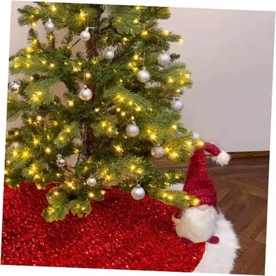 Christmas Tree Skirt 48 Inch Shiny Sequin Sparkly With Faux Fur Plush Mat Red - Image 1 of 4