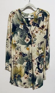 H and M Tunic Dress Womens 12 Tropical Floral Butterfly Long Sleeve Boho Flowy - Picture 1 of 6