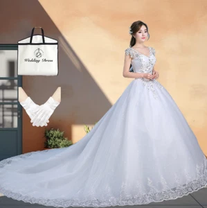 Weißes Hochzeitskleid Wort Schulterschwanz schmale Braut Strass Prinzessin großes Kleid - Bild 1 von 9