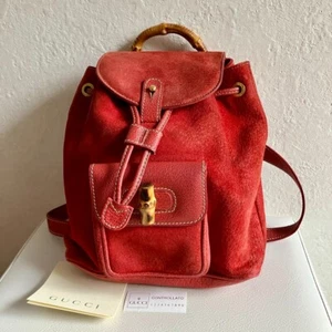 GUCCI 003.2034.0030 Bamboo Mini Rucksack Wildleder Leder Rot Gold Vintage Italy - Bild 1 von 24
