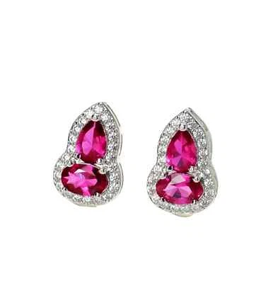 925 Sterling Silver 4x6mm Ruby Sapphire 1/2'' Halo Earrings Gemstone - Image 1 of 2