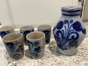 New Stoneware Salzglasur Germany Pottery Salt Glaze Blue Pitcher & Tumblers - Picture 1 of 13
