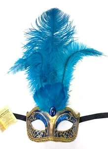 BLUE VENETIAN HALLOWEEN MASKS DECORATIVE FEATHER COSTUME MASK Made in Italy - Picture 1 of 3