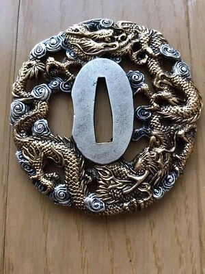 Japanese Katana Tsuba Twin Dragons Motif Copper Metalwork Iai Guard New Japan - Image 1 of 4