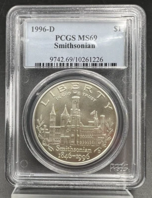 1996 D Smithsonian 90% Silver Commemorative Dollar PCGS MS69 GEM BU - Image 1 of 4