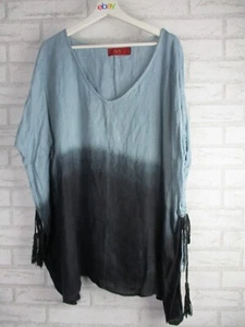 Tigerlily womens kaftan top blue black ombre M, v-neck tassel trim boho PULLS - Picture 1 of 13