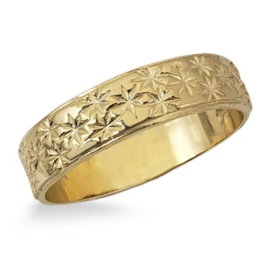 Solid 14K Women’s Yellow Gold Etched Ring, 5mm Real Gold Star Ring Size 3 – 12 - Image 1 of 4