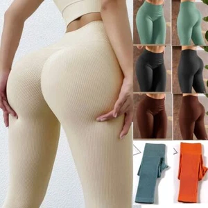 Womens High Waisted Seamless  Ribbed Stretchy gym Leggings Running Bottom Pants  - Picture 1 of 18