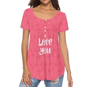 Red Dots Shaped Hearts Women Casual Comfy Loose Round Neck Short Sleeve T-shirt - Picture 1 of 6