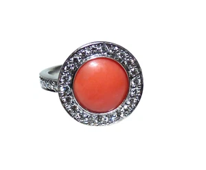 IMPRESIONANTE ANILLO ART DECO ORO BLANCO 18K DIAMANTE Y CORAL HALO ANILLO DE CÓCTEL UK N - Imagen 1 de 11