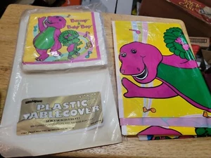 VTG Barney The Dinosaur & Baby Bop PLASTIC Table Cover 54" x 84" + napkins new - Picture 1 of 5
