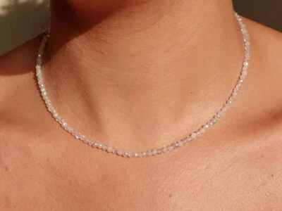 Rainbow Moonstone 2mm Tiny Beaded Choker Healing Dainty Women Boho Necklace Gift - Image 1 of 4