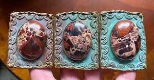 Vintage Signed E (Elaine) Coyne Hand Crafted Brass Jasper Cabochon Belt Buckle - Picture 1 of 12