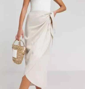 SIMPLY BE LADIES LINEN BLEND WRAPOVER MIDAXI SKIRT STONE SIZE 14 NEW (ref 413) - Picture 1 of 4