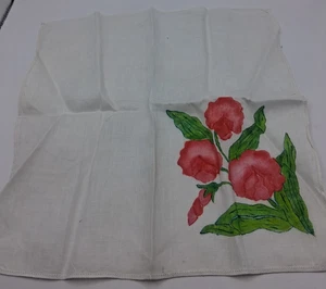 Pañuelo de esquina vintage blanco con flores rosadas pintadas 11x11" - Imagen 1 de 2