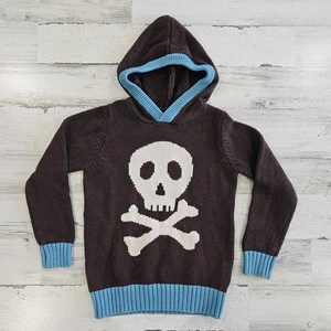 MINI BODEN Boys Size 5-6 Brown Blue Skull Long Sleeve Hooded Sweater - Picture 1 of 7