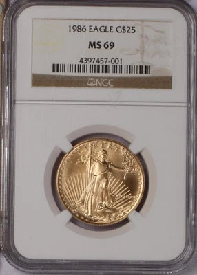1986 Gold Eagle 1/2 oz. $25 NGC MS69. First year Gem. - Image 1 of 2
