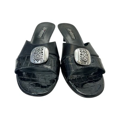 Brighton Kaye Heels Women's 6.5 Black Leather Medallion Open Toe Excellent - Image 1 of 4