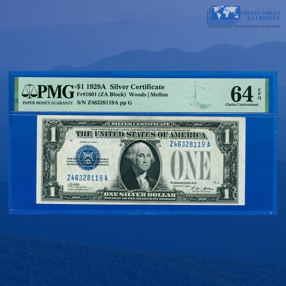 Fr.1601 1928A $1 One Dollar Silver Certificate Blue Seal, PMG CU 64 EPQ #28119 - Image 1 of 3