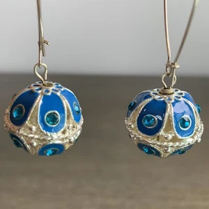 Blau und silberfarben Cloisonne Emaille hängende Tropfenkugel Ohrringe - Bild 1 von 4