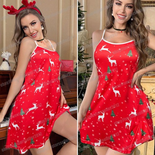 VALENTINO Camicia da notte donna raso seta stampa natalizia cami Babbo Natale cami slip abito da notte