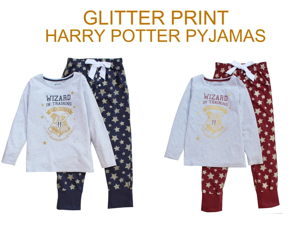 Mädchen Harry Potter Hogwarts langer Pyjama-Set mit Glitzerwappen und Sternen VERKAUF