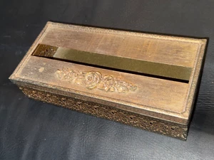 Vintage Filigree 3D Rose Tissue Box Cover Antique Gold Metal Hinged - Picture 1 of 9
