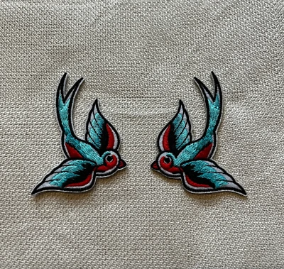 Set of 2 Blue Swallow Patch Bird jacket Sparrow Embroidered Iron On Applique - Image 1 of 3