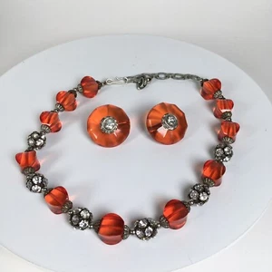 Vintage Red Lucite Necklace Clip On Earrings Set Rhinestones Bling - Picture 1 of 6