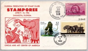 #3078 PREHISTORIC WOOLLY MAMMOTH NAKANO PERFINS 1956 SARASOTA STAMPOREE, CIRCUS - Picture 1 of 1
