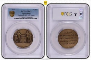 Switzerland Aargau 1924 Brass Shooting Medal PCGS SP63 naked Hunters Handshake - Picture 1 of 2