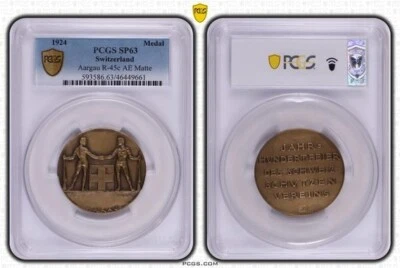 Switzerland Aargau 1924 Brass Shooting Medal PCGS SP63 naked Hunters Handshake - Image 1 of 2