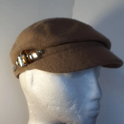 Betmar New York  Beige Newsboy Cap Clear and Topaz colored jewels on the side. - Image 1 of 4