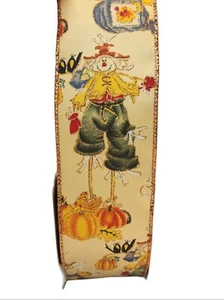 Autumn Scarecrow 2.5" Wired Ribbon 7 Yards Pale Yellow Orange Sparkle - Picture 1 of 2