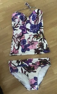 NEXT SIZE 38D TOP & 16 BOTTOMS PURPLE FLORAL STRAPLESS TANKINI BIKINI BNWOT - Picture 1 of 3