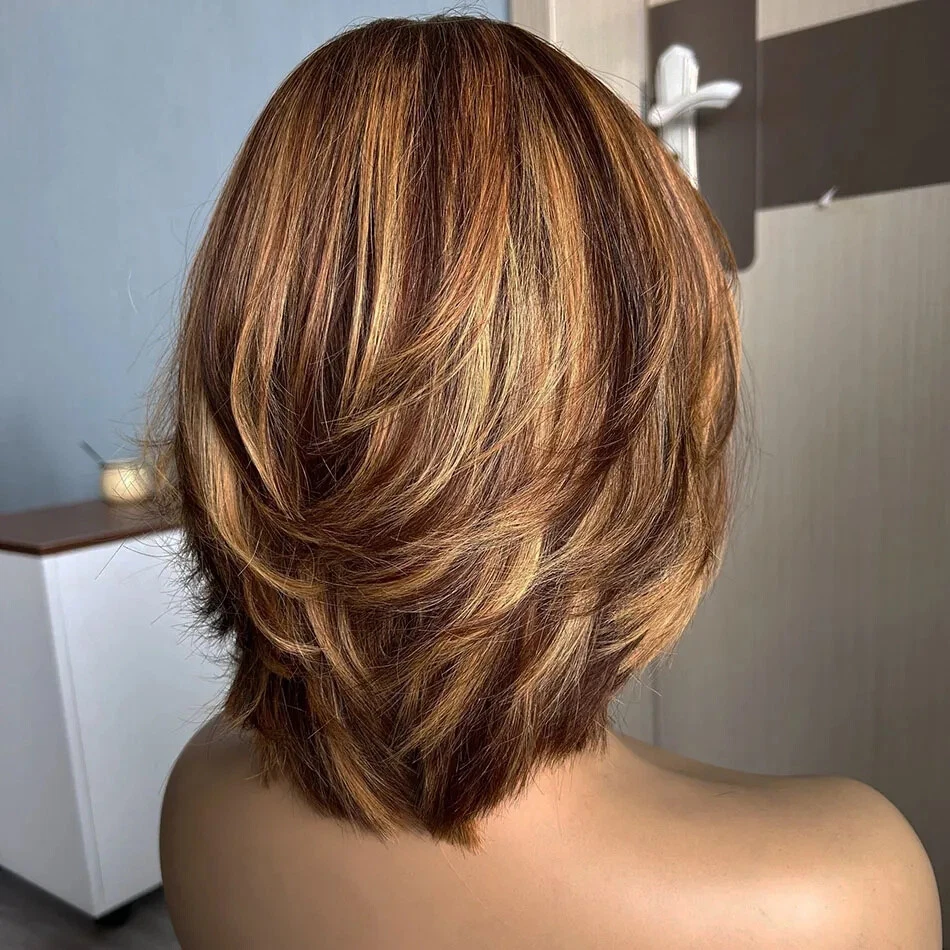 Mixed Blonde  Wigs Highlight Brazilian Remy Human Hair Wigs with Bangs Short Bob - Image 1 of 4