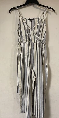 Derek Heart Romper Wide Leg Crop, Cream With Blue Stripes, Size M - Image 1 of 2