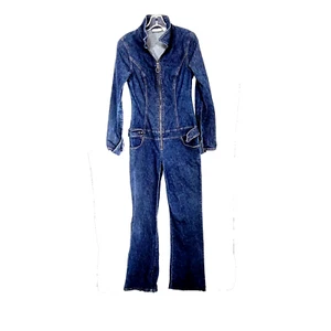 Womens Denim Jumper Large Blue LS Zip J Lo Jennifer Lopez Distressed Flaw - Picture 1 of 9