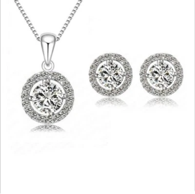 925 Placcato Argento Donna Lucente Collana Orecchino Rotondo Girocollo Set Gift - Immagine 1 di 3