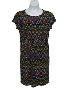 Women's size lg black multi colored elastic waist cap sleeve knee length dress - Picture 1 of 3