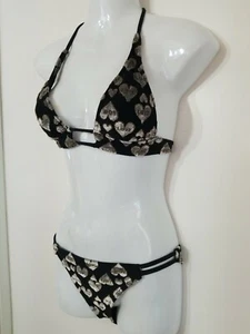 Hurley 2PC Bikini Halter Black Bikini Silver Gold Love Heart Design Sz M - Picture 1 of 5