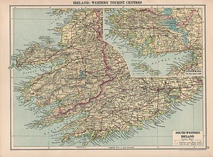 1930 MAP ~ IRELAND WESTERN TOURIST CENTRES ~ GALWAY KERRY CORK CONNEMARA - Picture 1 of 1