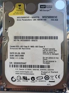 Western Digital 250GB WD2500BEVE-00WZT0 2.5" IDE HARD DRIVE WD - DCM: DBCT2HBB - Picture 1 of 1
