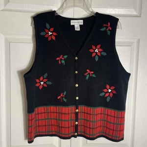 Chaleco De Colección Y2K Croft Borrow Mujer 1X Negro Rojo Botón Frontal Poinsettia Vacaciones - Imagen 1 de 6