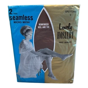 Vtg 2 Pr Lovely Hosiery First Quality Seamless Micro Mesh Stockings Greytone 9 - Picture 1 of 2