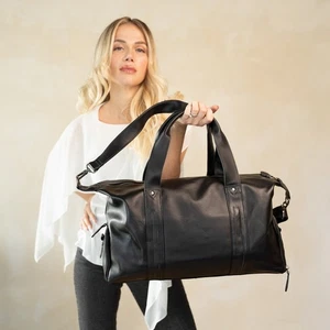 Leather Duffel Bag – Black Leather Gym Bag Stylish Leather Weekender Hiking Bag - Picture 1 of 10